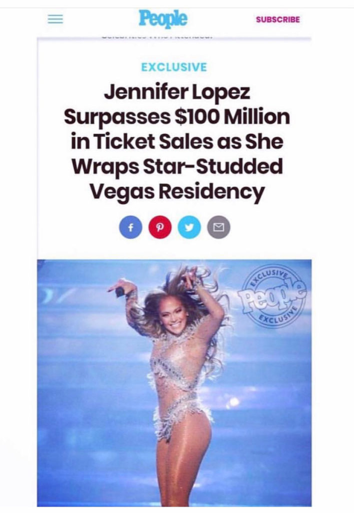 People Magazine online article about Jennifer Lopez's Las Vegas ticket sales of $100 million showing headline and photo of J Lo on stage