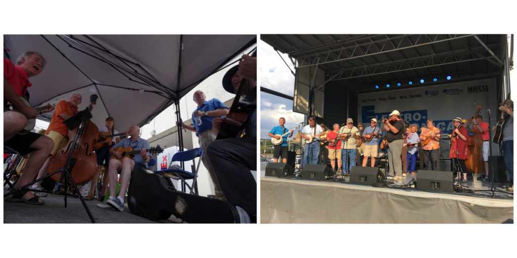 Two photographs: The left-hand photo shows a group of jammers in the Jam Tent at Bristol Rhythm & Roots Reunion festival, while the right-hand photo shows a groups of jammers performing on stage at the festival. 
