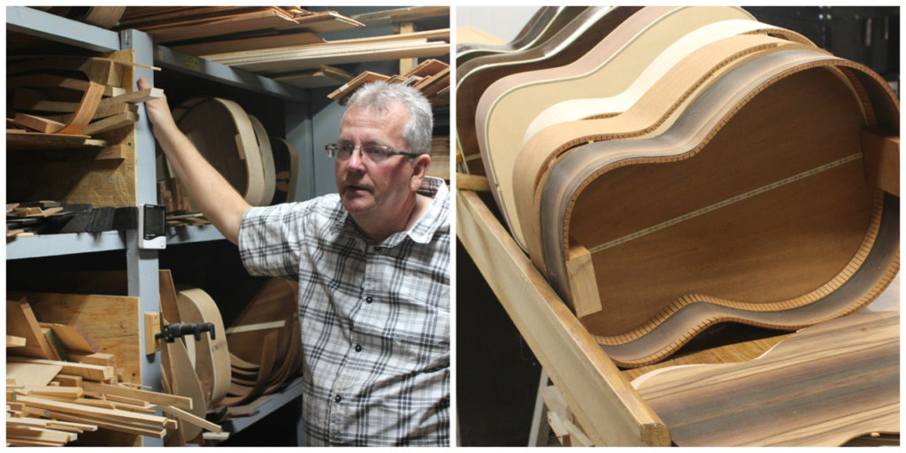 Left-hand pic shows Jimmy Edmonds standing in his wood storage room and various types of wood on the shelves. The right-hand picture shows several guitar bodies, unfinished, waiting to be fully constructed.