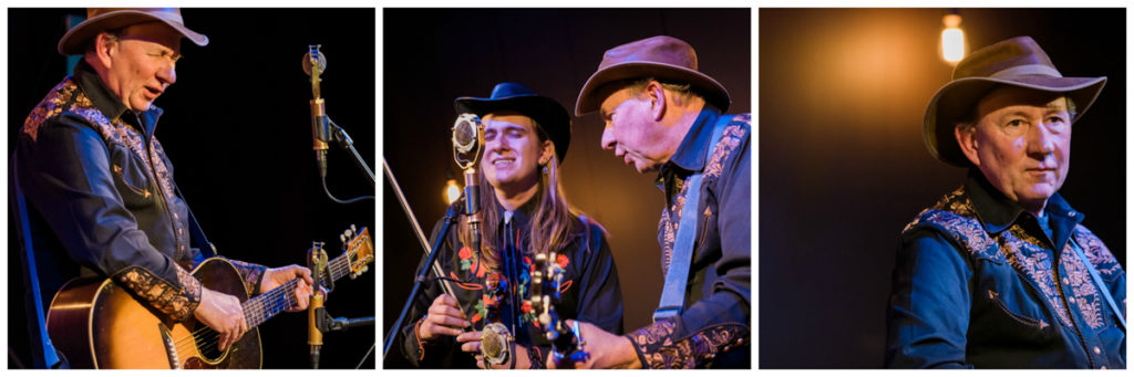 Left pic: John Lilly on the guitar singing at the mic; Center pic: John Lilly and son George, holding his fiddle, harmonize together at the mic; Right pic: John Lilly portrait. wearing a hat and cowboy shirt.