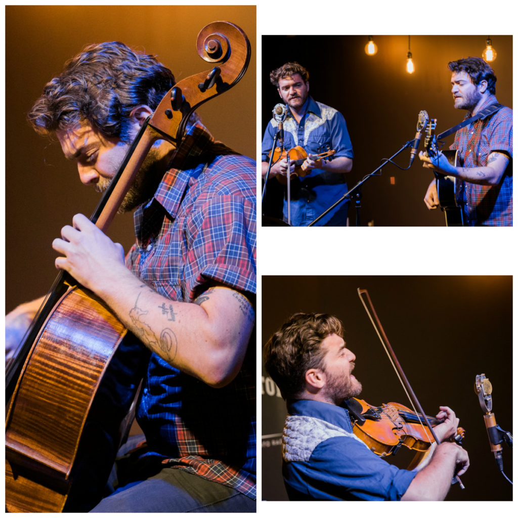 Three photographs: Detail of David on cello; a photograph of Adam singing and David on guitar; and a detail of Adam on fiddle. They are identical twins.