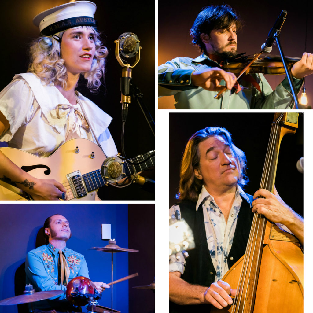 Top left: Close up of Sierra Ferrell at the mic, wearing a sailor's hat and playing her guitar. Bottom left: The band's drummer in turquoise honky tonk-style shirt. Top right: The band's fiddler in a pale green Western shirt. Bottom right: The band's bass player in a waistcoat with eyes closed.