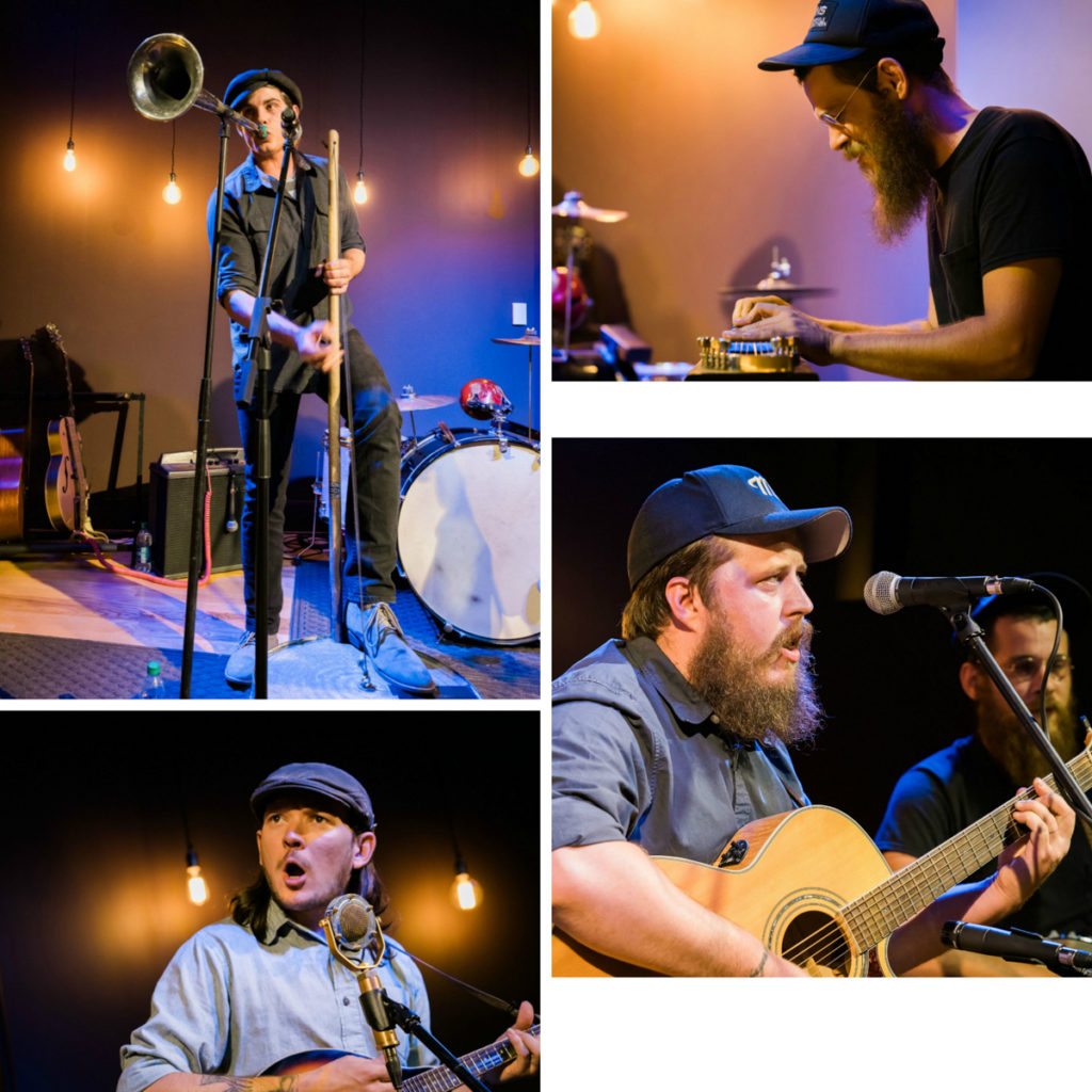 Top left: Musician playing the washtub bass and kazoo at the same time! Bottom left: Steel City Jug Band's mandolin player singing into the mic. Top right: Bearded musician with trucker's hat at the pedal steel. Bottom right: The band's guitar player singing into the mic.