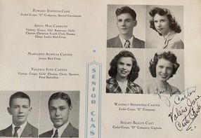 This image shows a senior class spread from a yearbook. June Carter is seen on the right-hand page in the bottom right of four student photographs. She is wearing a light colored top or dress. At the bottom of the picture is her autograph, which reads: "Luck, June Carter / Valerie June Carter Cash." To the left of the four photographs are the names of the students with their activities listed below their names.