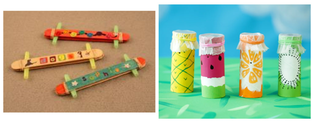 Left: Three popsicle kazoos decorated with stickers and colored markers. Right: Four toilet paper roll kazoos, painted to look like different fruits.