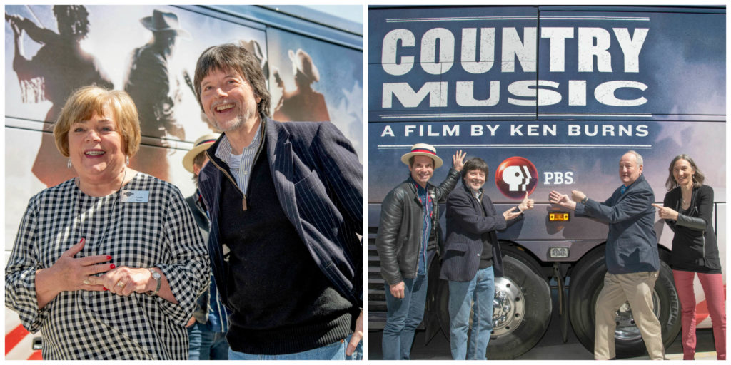 Left: Leah Ross and Ken Burns pose in front of the Ken Burns' Country Music bus; Right: Ketch Secor, Ken Burns, Dayton Duncan, and Julie Dunfey pose in front of the bus as they point at the PBS logo.
