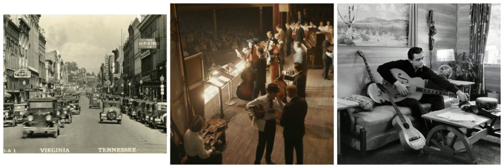 Left: A view down Bristol's State Street. Center: Several musicians on the Ryman stage in front of a packed audience. Right: Johnny Cash sitting on a cash with several instruments around him.
