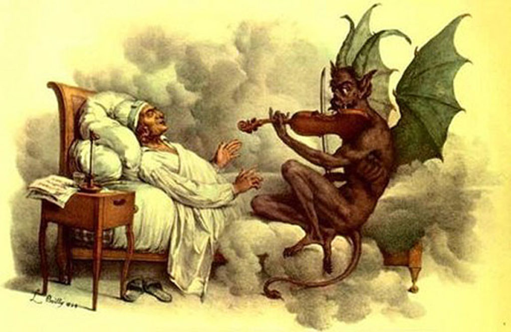 Illustration shows a man asleep in bed with the devil seated at the foot of the bed playing the fiddle.