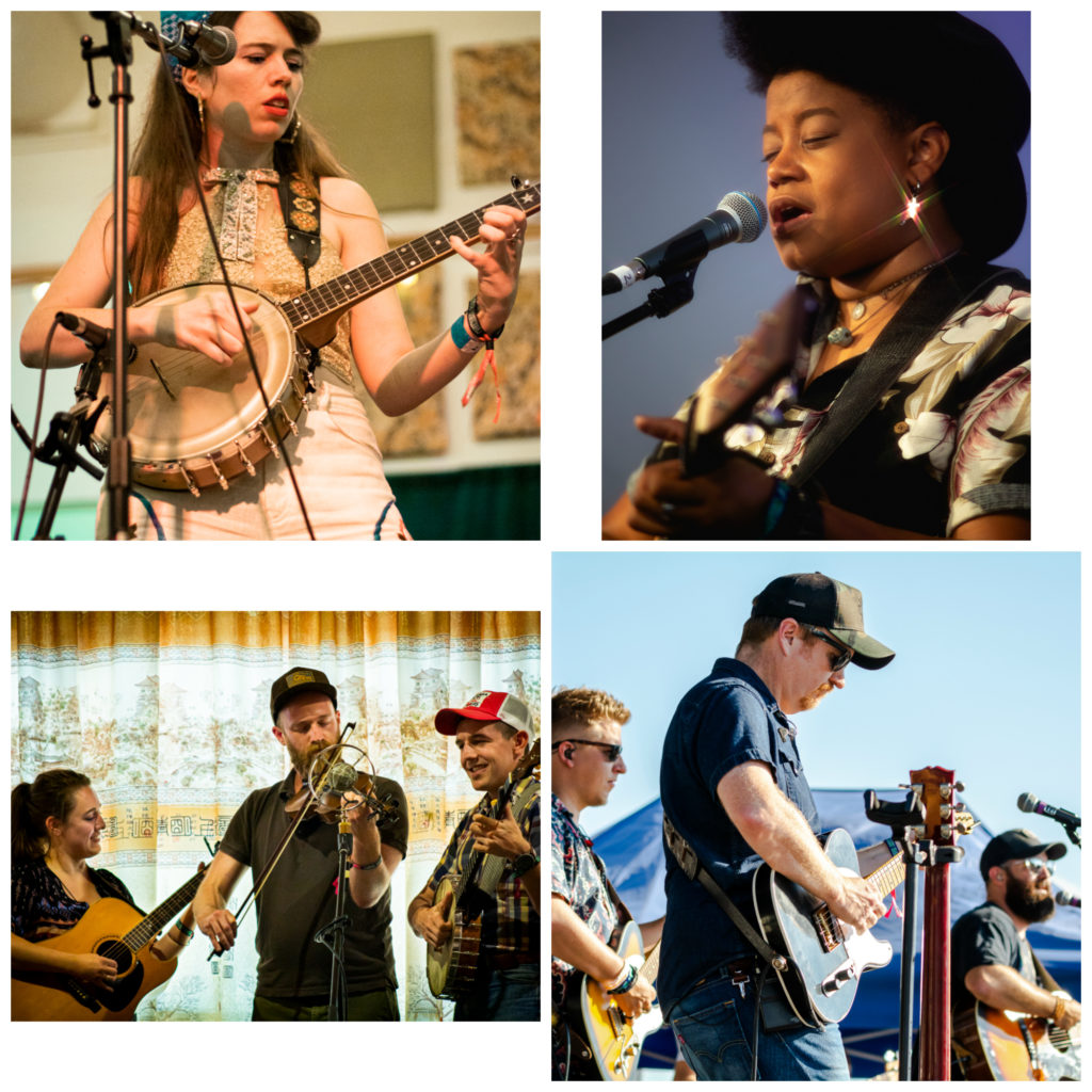 Top left: Brown-haired woman in a cream colored outfit playing the banjo in front of a mic.
Top right: African American woman wearing a black hat and a black floral shirt singing at a mic.
Bottom left: Female guitarist, male fiddler, and male banjo player arranged in front of a mic playing music.
Bottom right: Three male guitar playerson a stage facing out towards the audience, two are playing and one is singing.