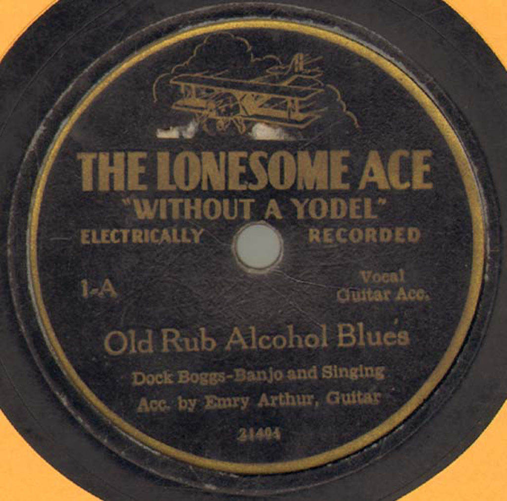 Close up of the Lonesome Ace record label showing the biplane in flight at the top of the label with the words The Lonesome Ace "Without a Yodel" underneath the image.