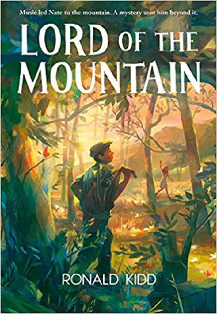 The book cover shows a young boy with a bag on his back walking through the woods; a young girl waves to him in the distance.