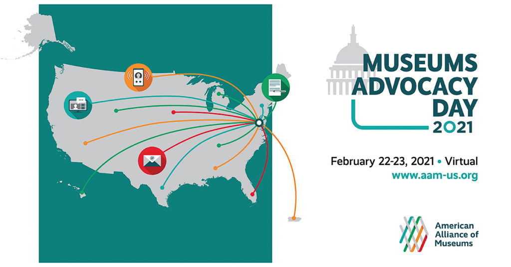 Graphic with a map of the United States on one side that includes a focal point of Washington DC and then several colored lines reaching out in different ways to symbolize reaching people and advocating. To the left is a graphic of the Capitol dome with the words Museums Advocacy Day 2021 superimposed on it, along with the dates of this years Museums Advoacacy Day.