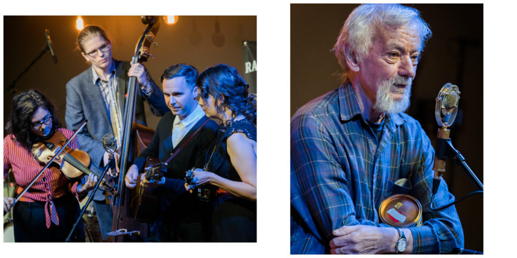 Left pic: All four band members clustered around the microphone playing their instruments and singing; right pic: Jack Beck standing at the microphone holding a can of porridge.