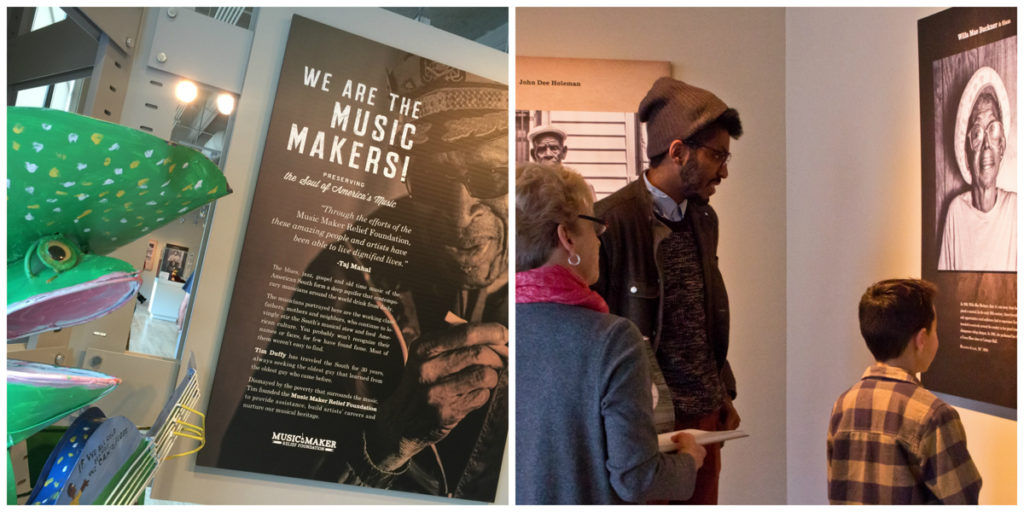 Two photographs of the Music Maker exhibit in the museum's Special Exhibits Gallery; the one to the right shows visitors enjoying the exhibit.