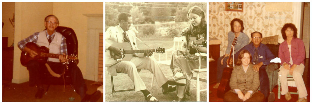 Left: Lesley Riddle sitting in a living room chair holding a large guitar.
Center: Lesley Riddle, dressed in a pale suit with tie and dress shoes, plays guitar beside Nancy Park. Nancy is a teenager with brown hair in a long 70s-style dress.
Right: A group shot in a living room with Lesley Riddle in the central chair, Mike Seeger to his right, Alice Gerrard to his left, and Nancy Park sitting in front of him on the floor. Mr. Riddle has one hand on Nancy's shoulder and holds a guitar in his other hand.