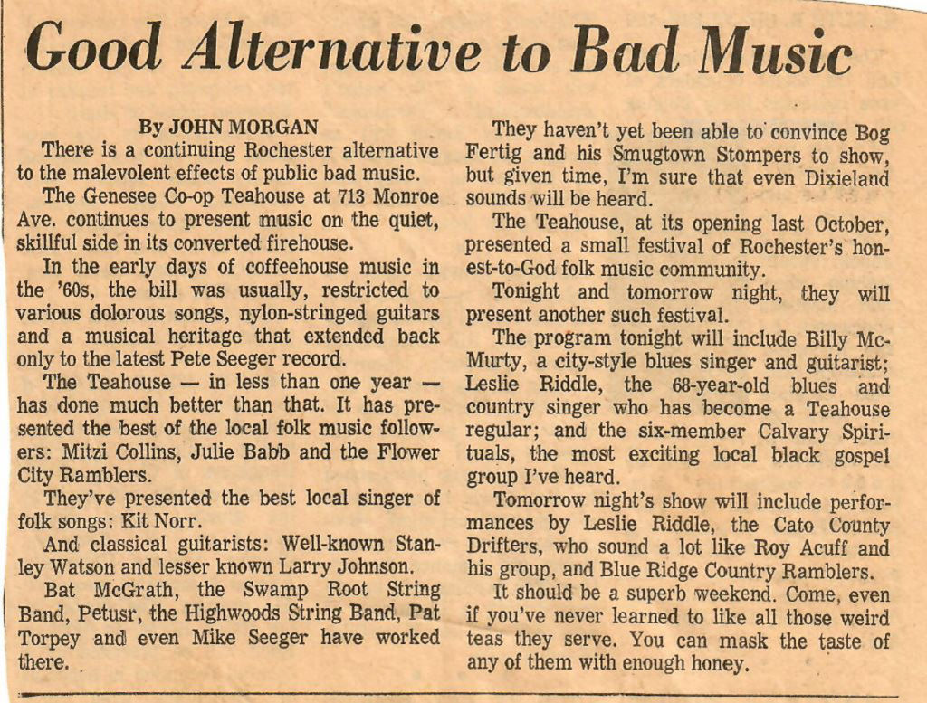 Newspaper clipping that notes the various musical artists that had performed at the Genesee Co-op Teahouse in the past year, along with noting that Lesley Riddle will be playing for the next two nights with various other musicians.