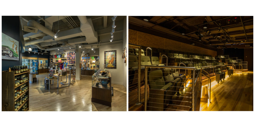 Left: A view into The Museum Store showing the pale maple wood flooring and various retail displays. Right: A view into the Performance Theater showing the seating and different wood finishes.