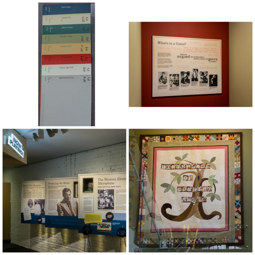 Top left: Picture of the color swatches used in the museum; top right: View of the genre panel on a red wall; bottom right: View of the quilt hanging in the stairwell; bottom left: View of several panels using the blue and yellow colorways from the museum's color scheme.