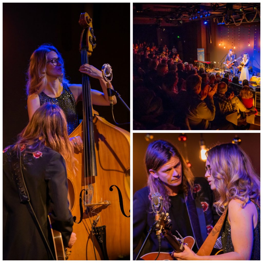 Three pics of Sally and George: (left) George kneeling in front of Sally as she plays the bass; (top right) The duo in front of the large Farm and Fun Time audience; (bottom right) A close up of Sally and George leaning into the mic and singing together.