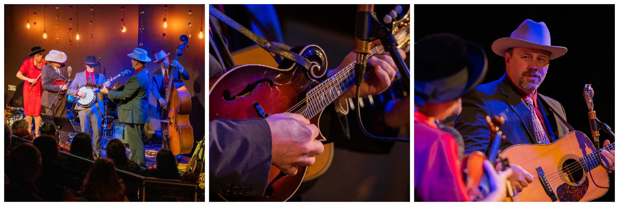 Left pic: The full band of Carolina Blue on stage at Farm and Fun Time; center pic: A close up of the mandolin as it was being played; right pic: The lead guitarist and fiddler of Carolina Blue.