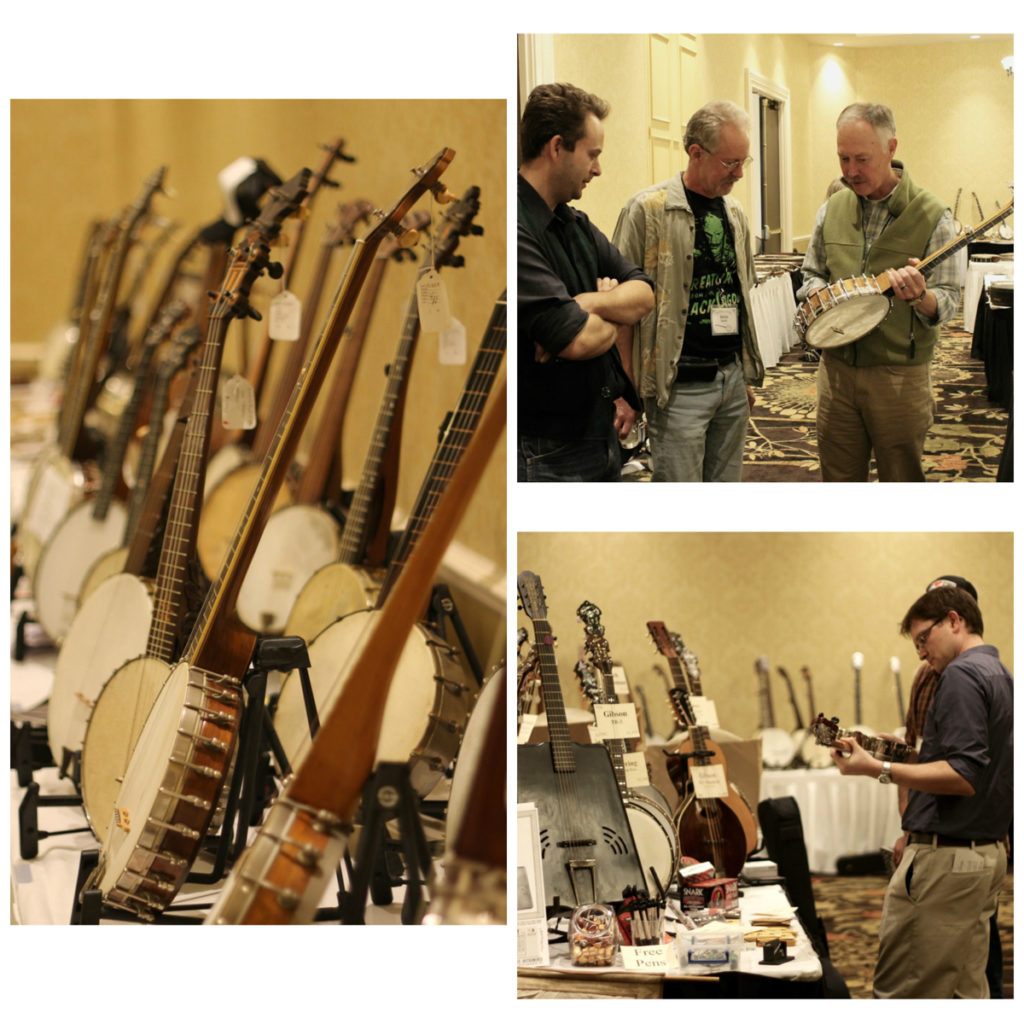 Three pictures from Banjo Gathering 2017: Several banjos displayed on stands at the expo (left); two men looking at a banjo being held by a third man (top right); a display of banjos and related ephemera on a table with one male visitor (bottom right).