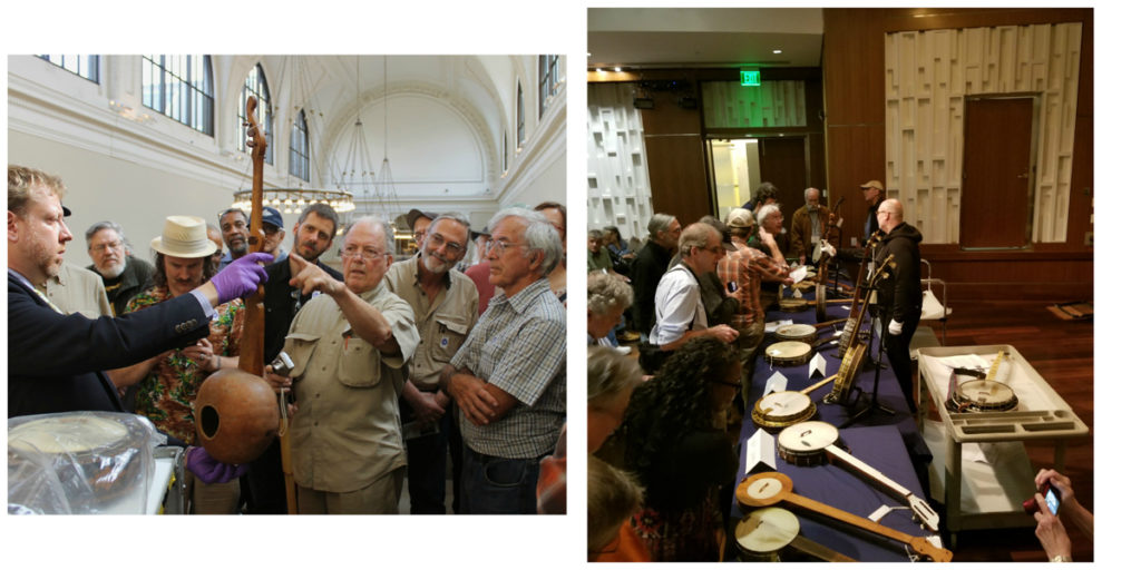 Two pics: Several Banjo Gathering attendees in the one of the Met Museum's galleries being shown a banjo by a curator (left); several participants looking at a variety of banjos and related ephemera on a table in a museum education room (right).