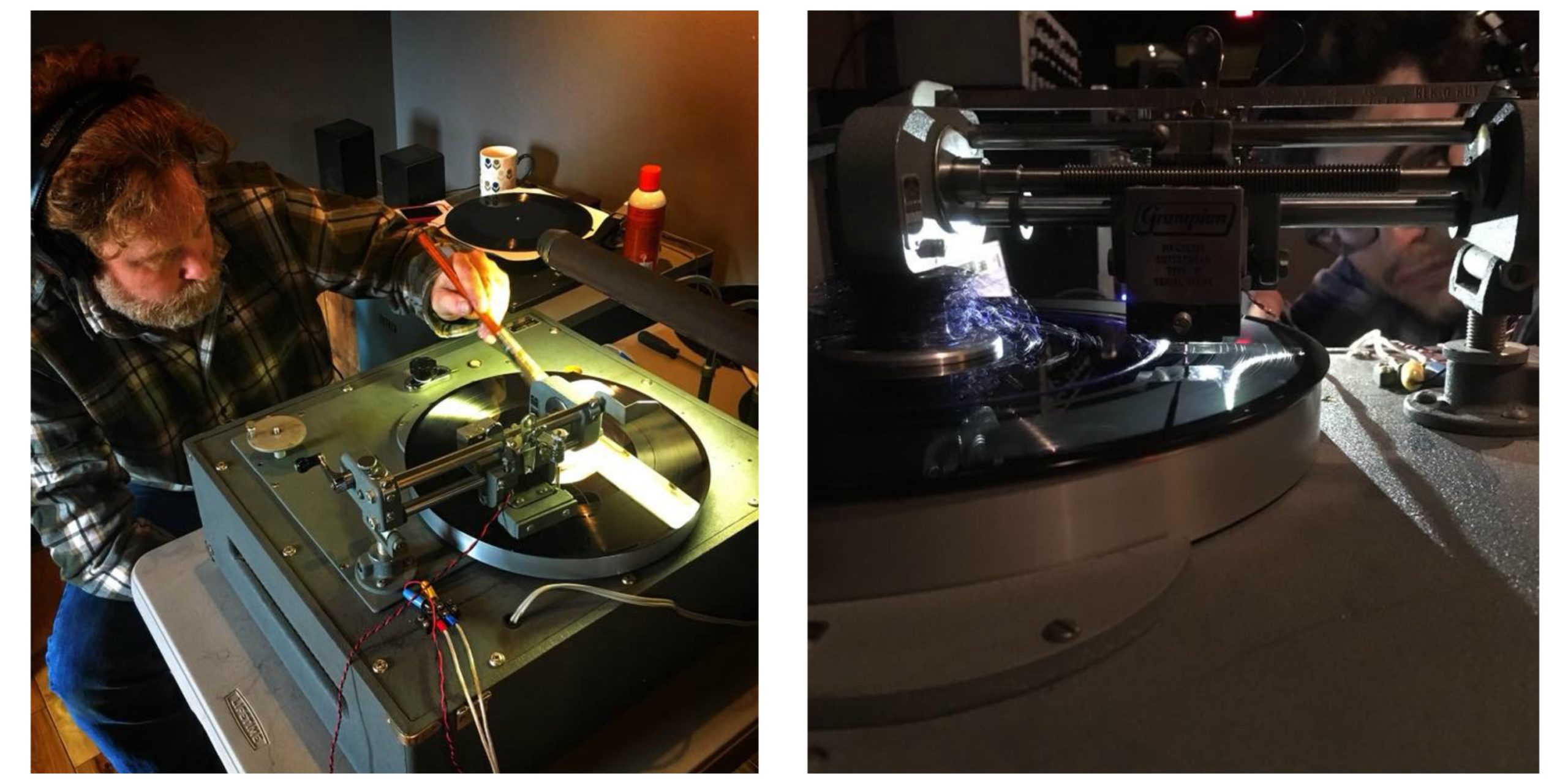 The picture to the left shows the author brushing a cut record as it spins on the lathe; the picture to the left shows a man peering into the inner workings of the machine cutting the record master.