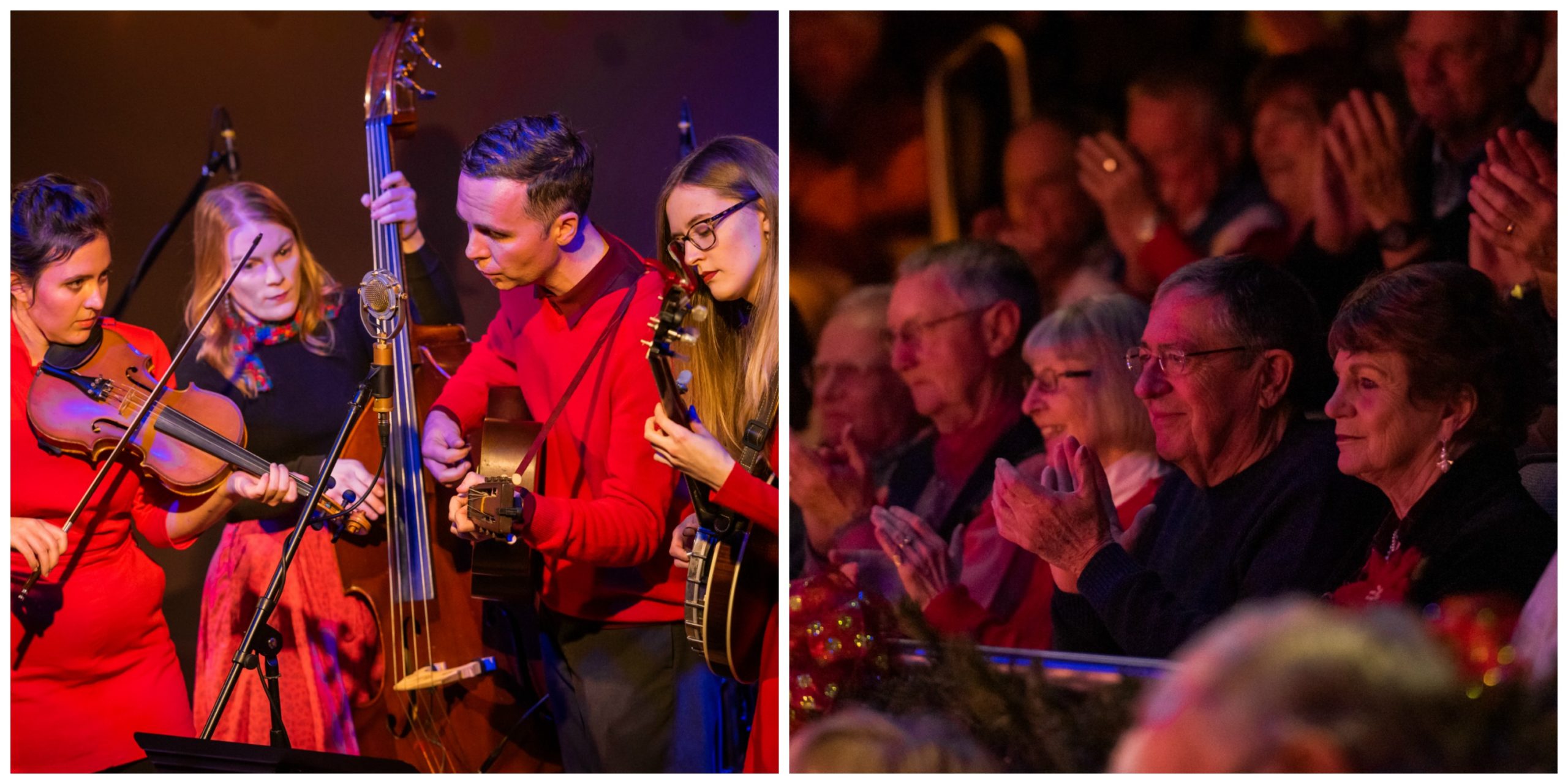 Left pic: The four musicians in Bill and the Belles all dressed in red lean into the microphones for their first number; right pic: The audience shows their appreciation for the show, focused in on several audience members clapping. 