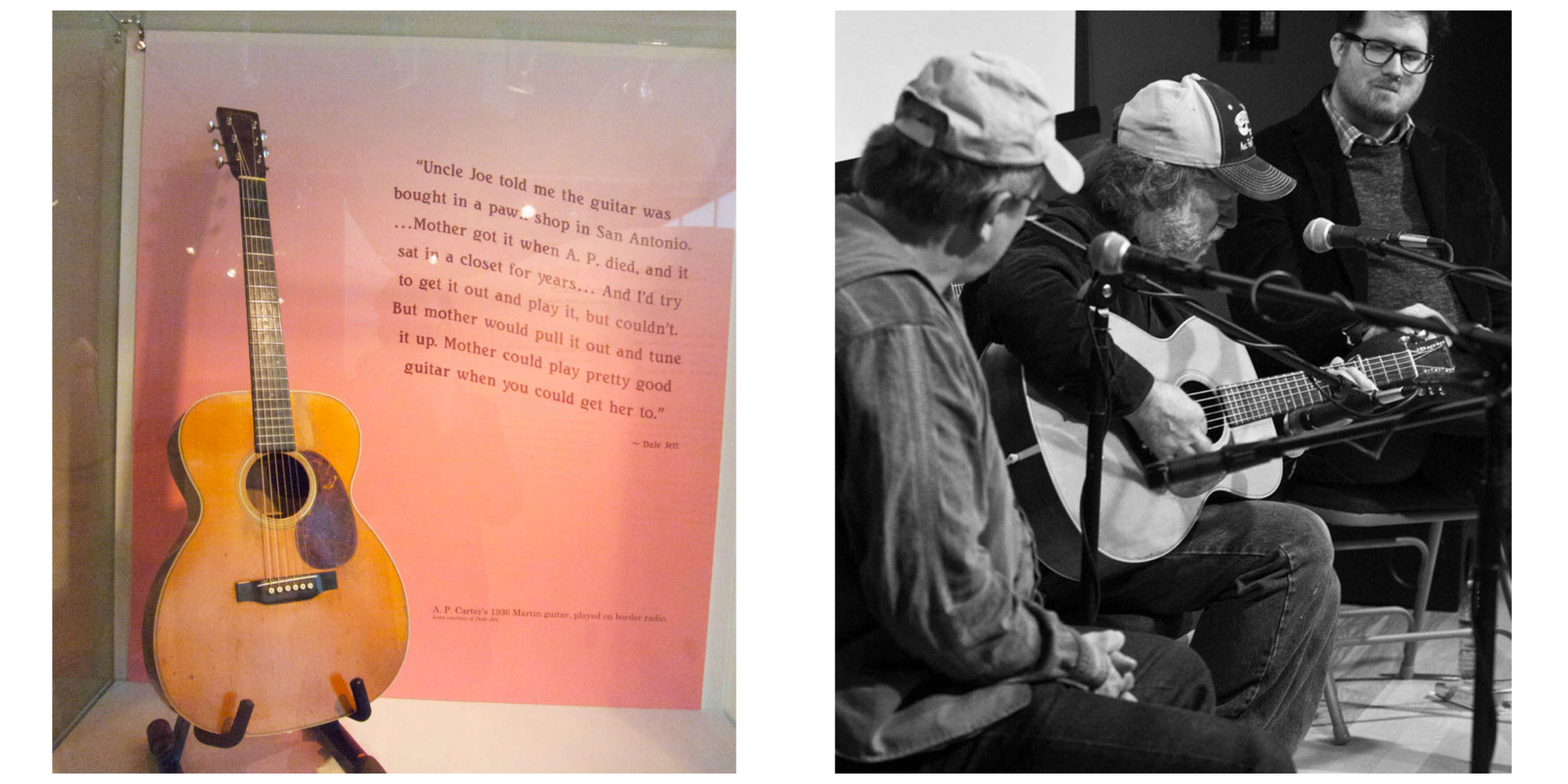 Left: A.P. Carter's guitar on display in a case at the museum -- behind the guitar is a pink-shaded panel with a quote from Dale Jett about the guitar. Right: Dale Jett, Wayne Henderson playing the A.P. Carter guitar, and a member of staff at the museum, on stage in the Performance Theater.