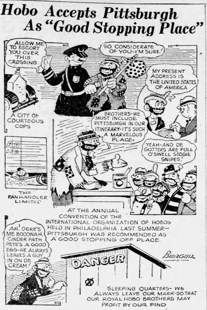 Newspaper cartoon showing various hobos encountering good times and positive experiences in Pittsburgh, even with the police. The headline reads "Hobo Accepts Pittsburgh as 'Good Stopping Place.'"