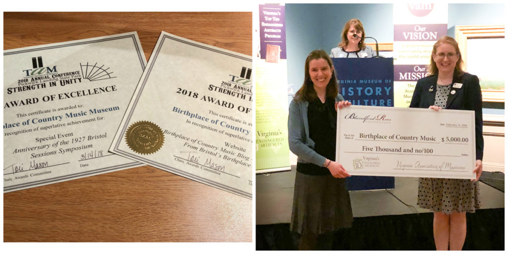 2 images: One shows the two TAM Awards of Excellence the museum received in March 2018; the other shows Head Curator Rene Rodgers accepting the $5000 check from VAM for their Top 10 Endangered Artifacts competition.