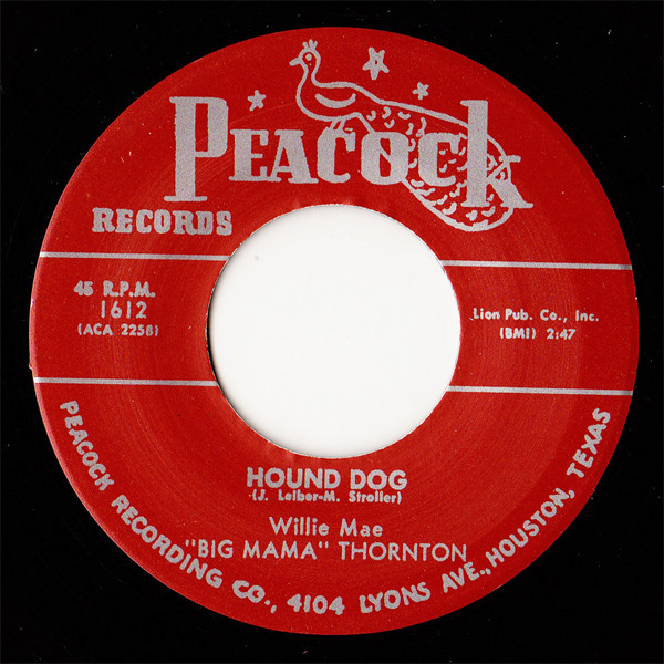 Close up of the red Peackock Record label for Big Mama Thornton's "Hound Dog" release.