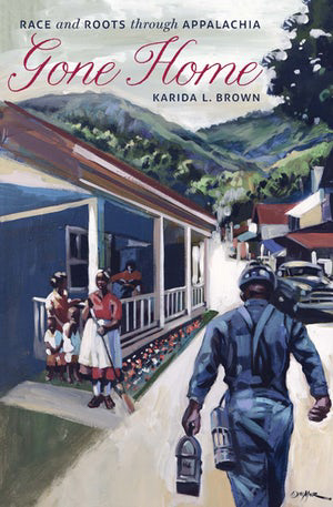 The cover of Gone Home shows a black coal miner walking along a street of family homes, presumably on his way to the mines or after a long day at work. Women and children stand outside one of the houses.