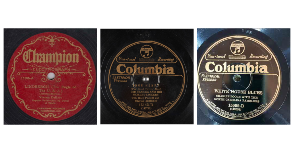 Three record labels:
Left, red label for Champion Records detailing the title and performer's name.
Center, black Columbia label detailing the title and performer's name.
Right, black Columbia label detailing the title and performer's name.