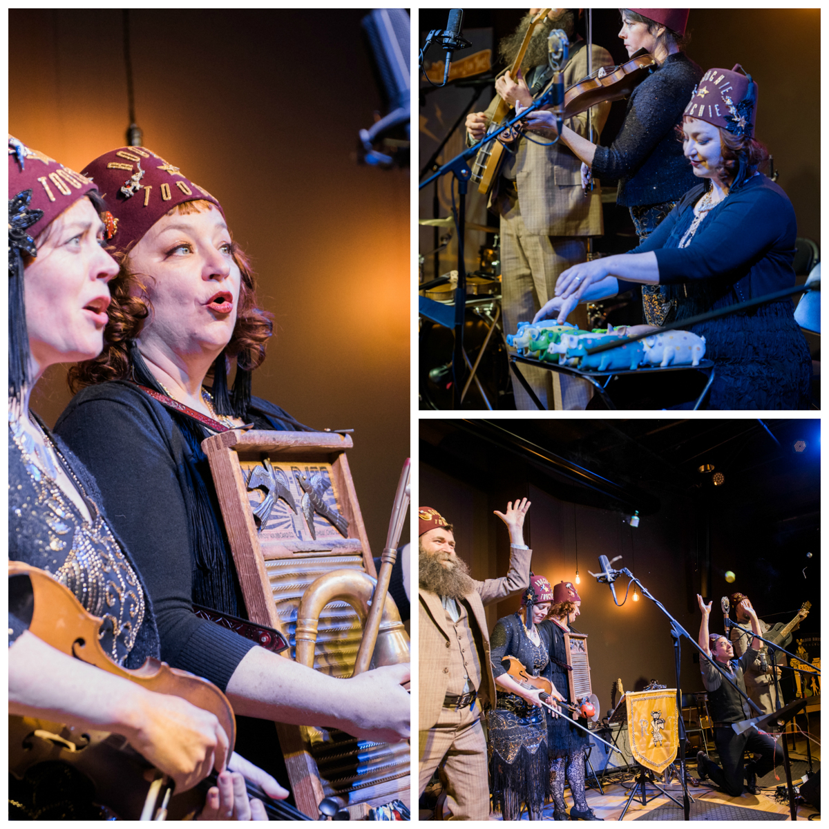 Three images showing the two female singers from Rootchie Tootchie wearing their funny hats and singing; one female Rootchie Tootchie member playing the pork-astra, a variety of squeaking rubber pigs;, and the full band on stage.