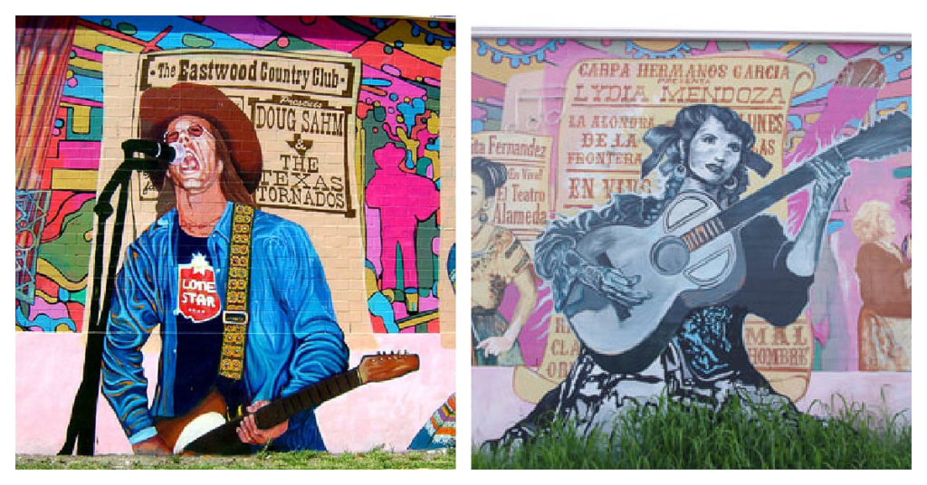 The image to the left is of Doug Sahm of The Texas Tornados, and it shows him wearing a brown cowboy hat, a navy Lone Star t-shirt, a lighter blue jacket or open shirt, and singing and playing the guitar. Graphic and colorful shapes and silhouettes are seen behind him, along with his name, his band's name, and the words "The Eastwood Country Club." The image to the right shows Lydia Mendoza in black and white-style; she is wearing a patterned dress, her dark hair is pulled back with a bow, she is wearing large hoop earrings, and she plays a large guitar. Her name and other lines about her are written behind her in Spanish, and the background also shows colorful elements and portraits of two other women, unknown.