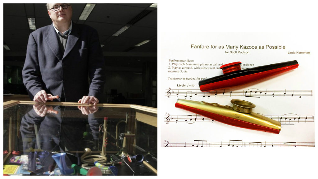 Left: A man wearing a dark suit and glasses stands behind a tabletop glass case filled with kazoos. Right: A piece of kazoo music with two kazoos superimposed on top.