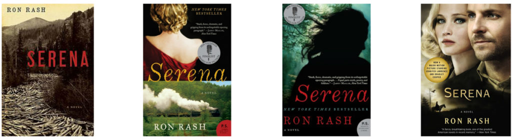 Four Serena covers bearing different images: an archive image of timber production in the mountains' a split image showing the back of a woman and a train passing through a rural landscape; a more graphic image showing the dark silhouette of a woman in the woods; and the movie tie-in cover showing the two stars, Jennifer Lawrence and Bradley Cooper.