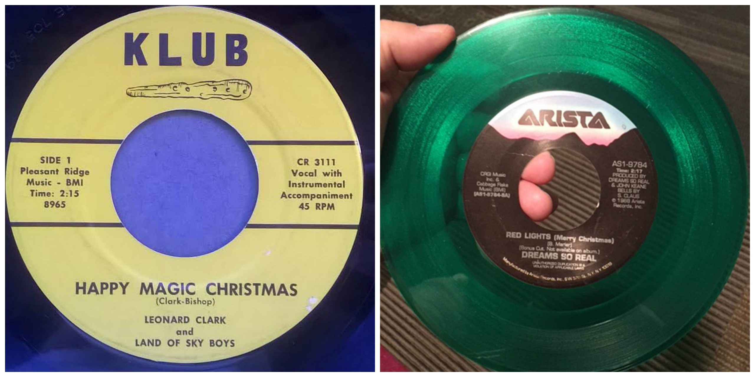 Two photographs of records: "Happy Magic Christmas" and "Red Lights (Merry Christmas)"