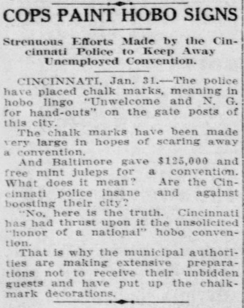 Newspaper article reporting the story of how Cincinnati cops painted hobo signs around town in order to give hobos the impression that it wasn't a good place to stop.