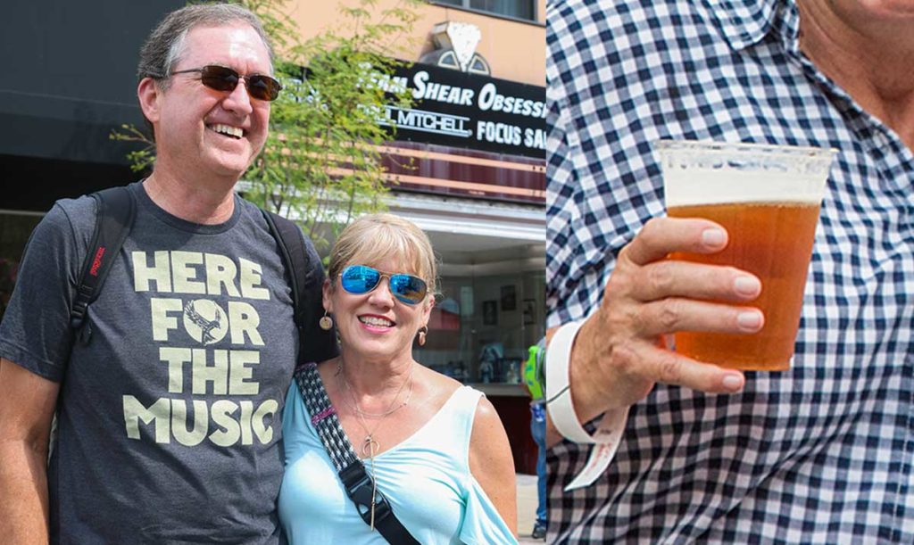 Photo of a smiling couple with one of them wearing a t-shirt that reads "Here for the Music," and a second photo of a hand holding a beer.