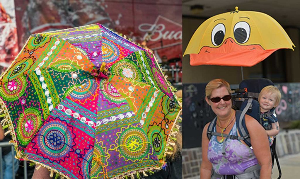 Photos of people carrying umbrellas at the festival to block the sun.