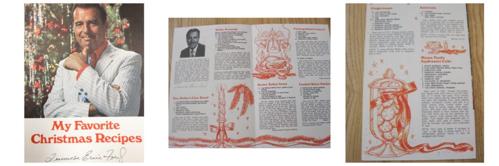 A four-page pamphlet of Tennessee Ernie Ford's "Favorite Christmas Recipes," including a photo of TEF on the cover and several holiday illustrations inside