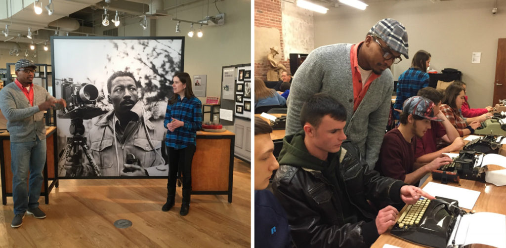 Left: Langley Shazor, wearing a cloth cap, and Rene Rodgers, in a plaid flannel shirt, standing in front of the opening panel to For All the World to See (a picture of Gordon Parks with his camera). Right: Langley stands behind several students working on typewriter's in the museum's Learning Center.