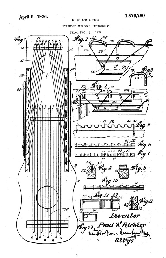 Patent document has a drawing of a ukelin, alongside several drawings of the different elements of the ukelin from its bridge to its tuning pegs.