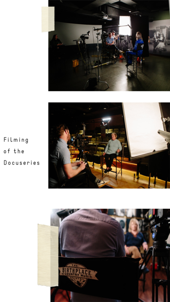 Three photos: 
Top: Jim Lauderdale being interviewed in the museum's Immersion Theater for the docu-film.
Center: Executive Director Leah Ross being interviewed in the museum's Performance Theater for the docu-film.
Bottom: A close-up of the "director's chair" bearing the Birthplace of Country Music logo during filming for the docuseries.