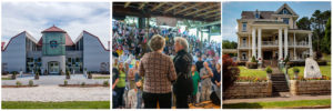 Photo collage of three photos, the first of the exterior of the Southwest Virginia Cultural Center, an interior shot of the Carter Fold with Rita Forrester and Marty Stuart on stage facing a large crowd, and an exterior shot of the Ralph Stanley Museum