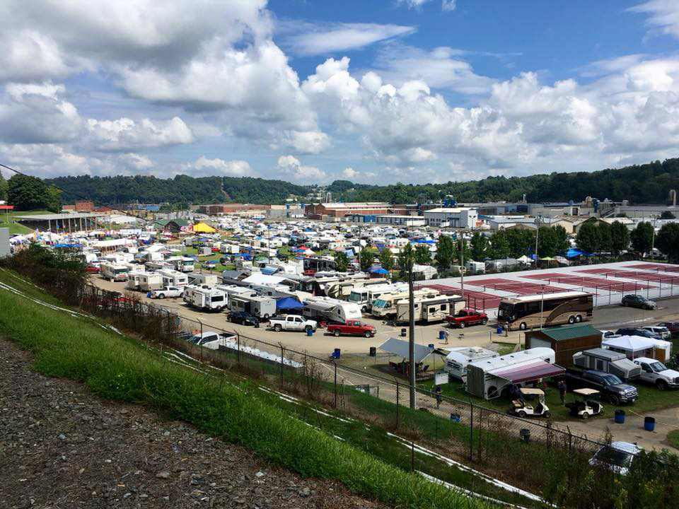 A view of the Galax Fiddlers' Convention grounds from above -- showing the campground, stage, and other elements.