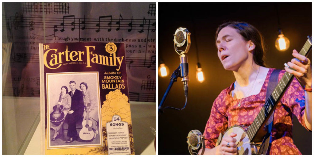 Left: The cover of the Carter Family songbook bears a photograph of them with their instruments and a drawn rural image. Right: Elizabeth LaPrelle, wearing a red dress, plays the banjo and sings into the mic on the museum's Performance Theater stage.