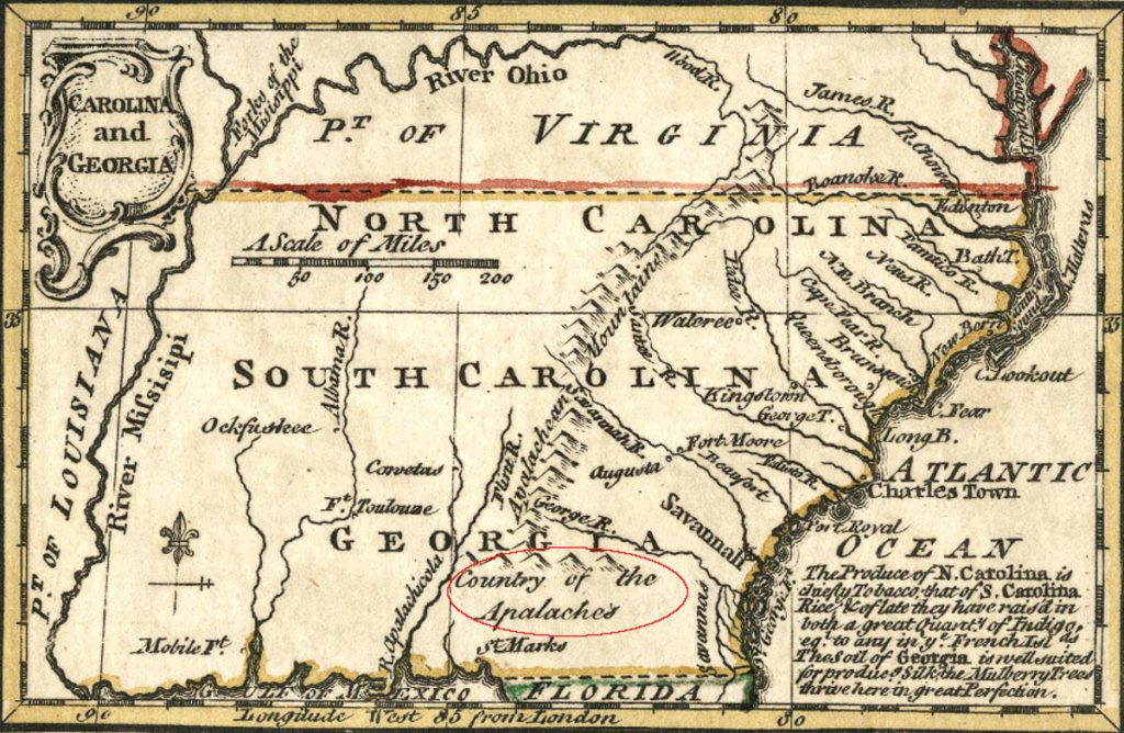 A vintage map focused on the Carolinas and Georgia, with Virginia  showing at the top of the map. Various regions, rivers, and other topographical features are marked, including the Appalachian Mountains chain, which are marked as Apalachean Mountains.